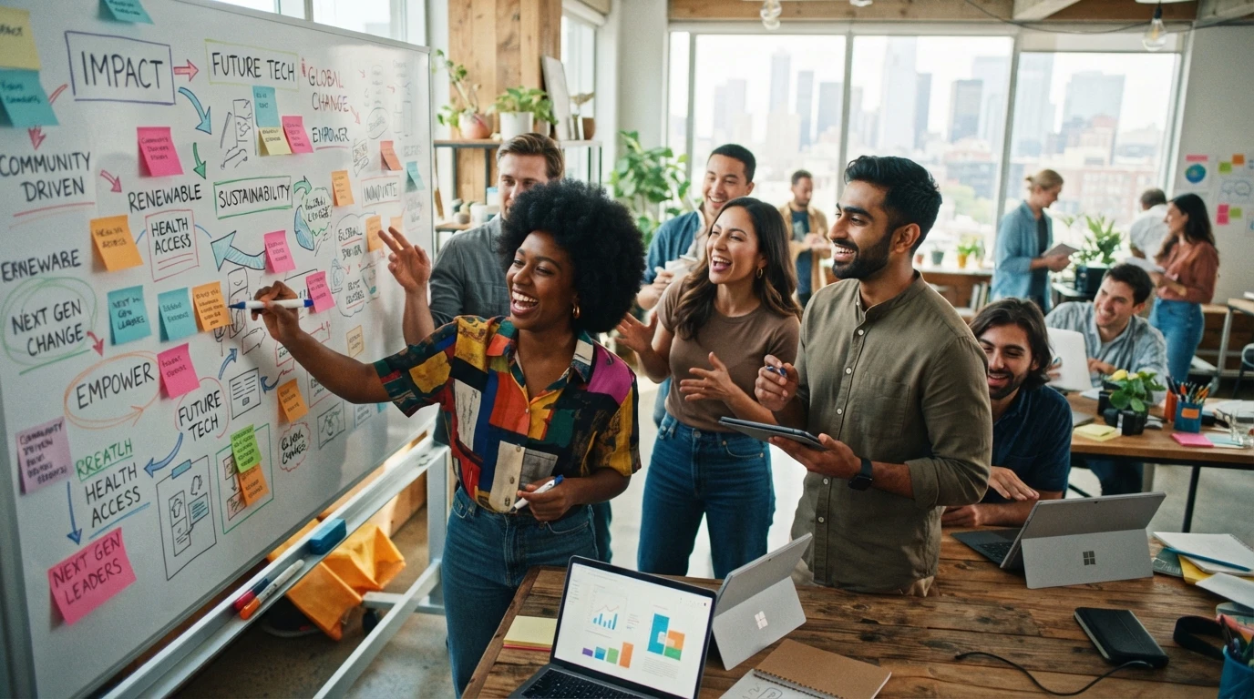 A diverse team laughing and brainstorming at a whiteboard covered in sticky notes in a bright loft studio